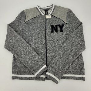 NY Love Womens Sweater Jacket Gray White Heathered Full Zip Collarless XL New